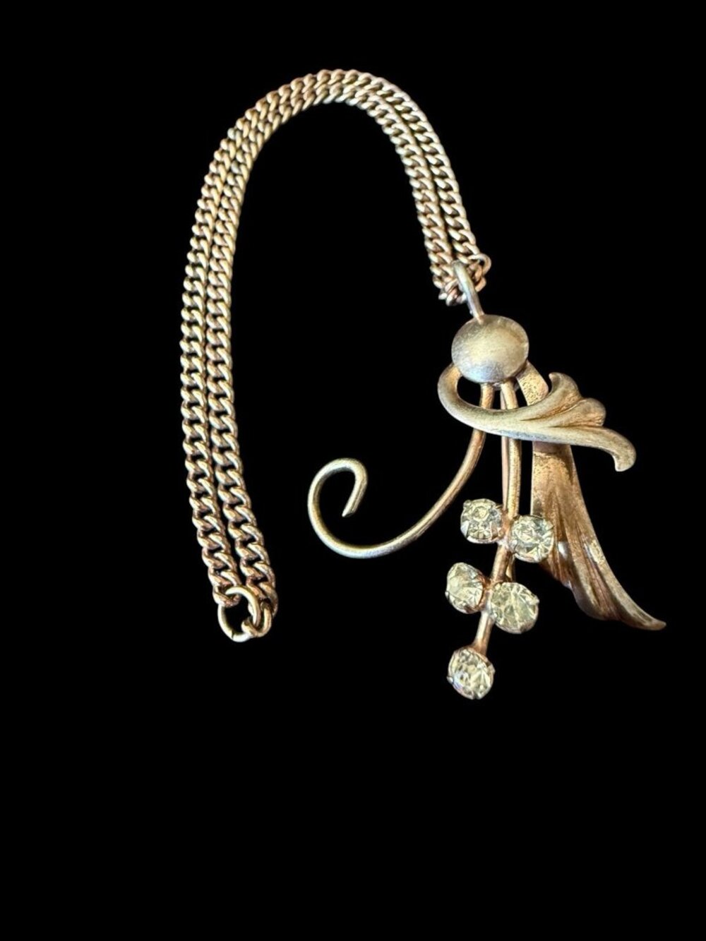 Vintage 1940s Sterling Silver Rhinestone Floral Spray Brooch Double Curb Chain
